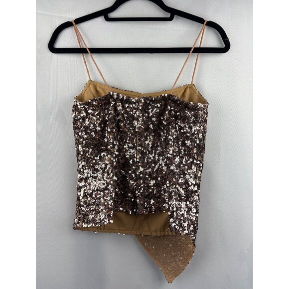 Cache Sequin Asymmetrical Top S Gold Silk & Polyester Spaghetti Straps - Picture 4 of 7